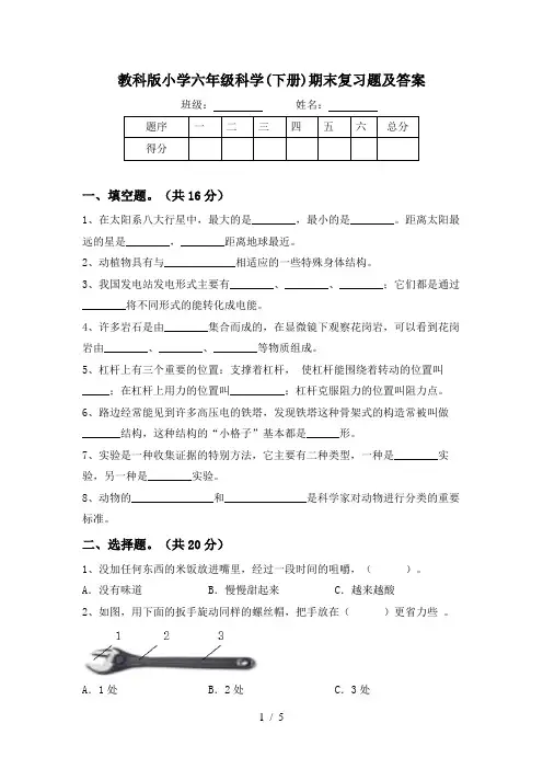 教科版小学六年级科学(下册)期末复习题及答案