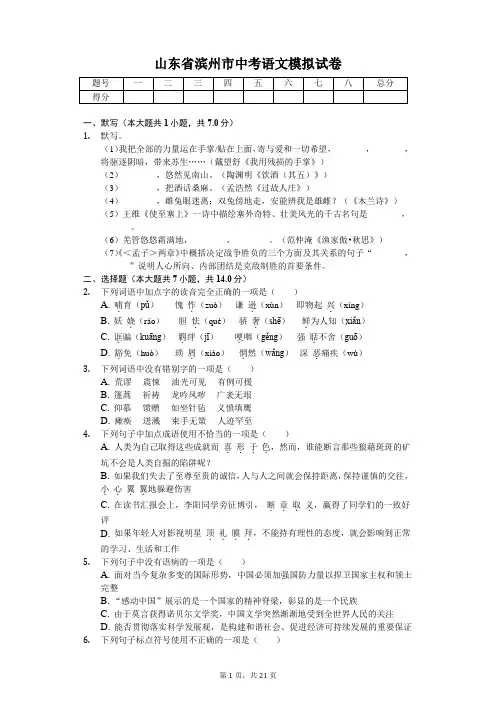 山东专版 滨州市中考语文模拟试卷 附答案