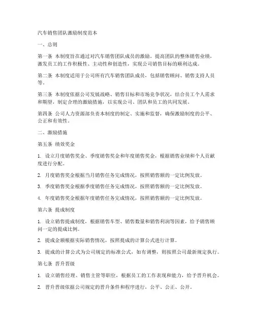 汽车销售团队激励制度范本