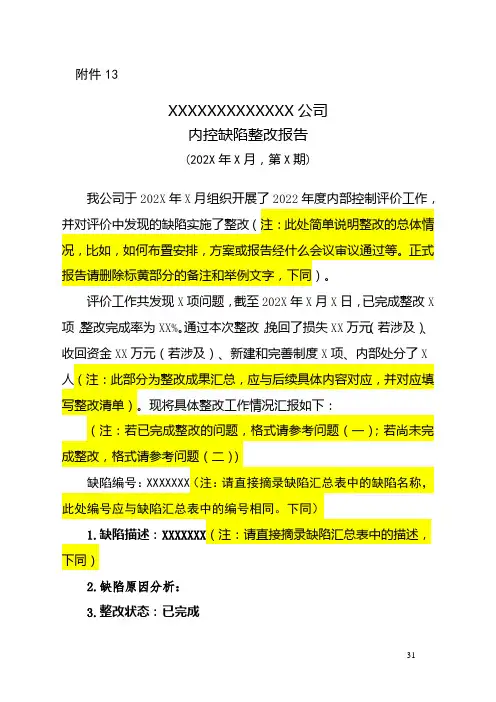内控缺陷整改报告(模板)