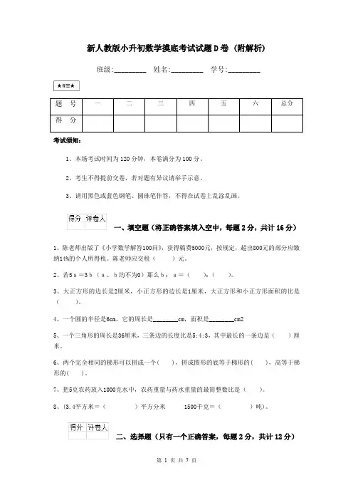 新人教版小升初数学摸底考试试题D卷 (附解析)