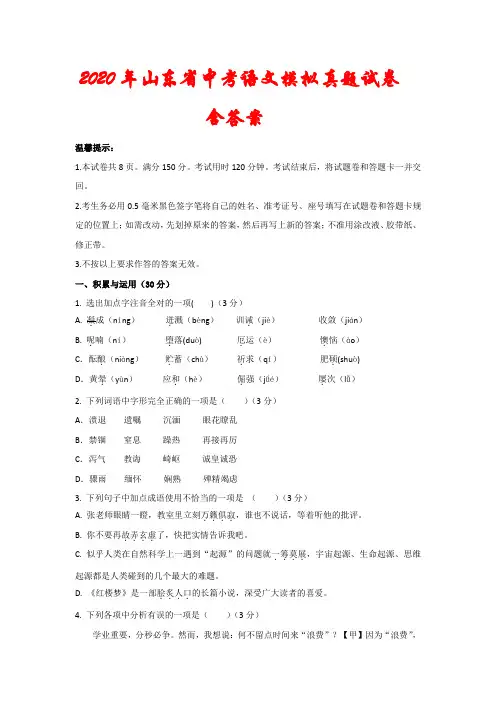 2020年山东省中考语文模拟试卷(及答案)
