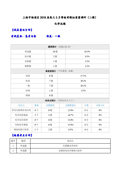 【全国大联考】【上海】上海市杨浦区2018届高三3月等级考模拟质量调研(二模)化学试题(解析版)