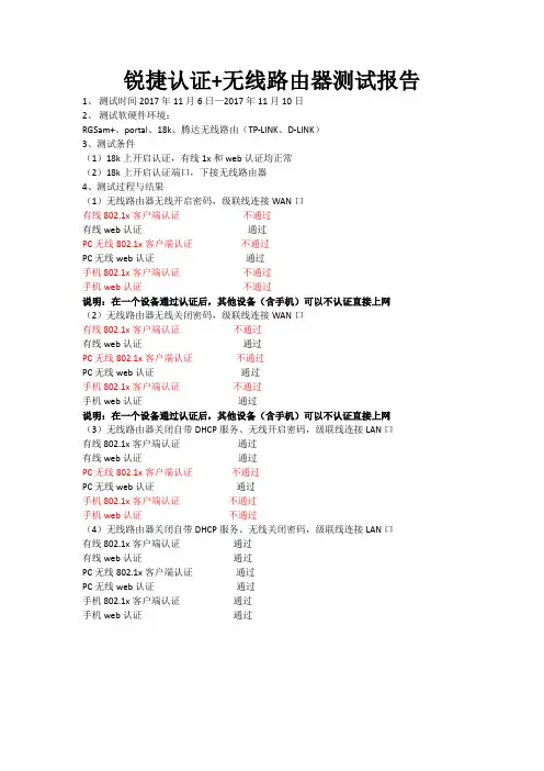 锐捷认证+无线路由器测试报告