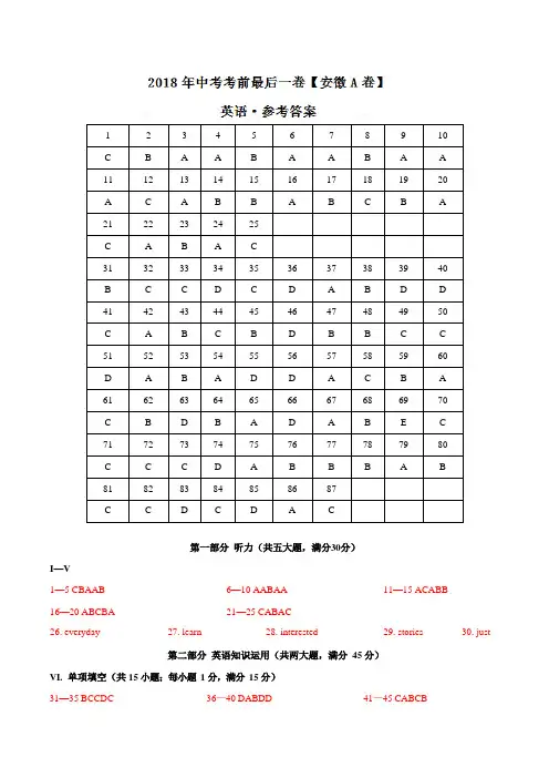 2018年中考考前最后一卷 英语(安徽A卷)(参考答案)