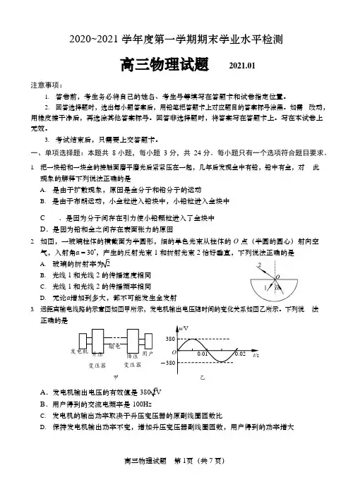 山东省青岛市黄岛区2021届高三上学期期末考试物理试题 Word版含答案