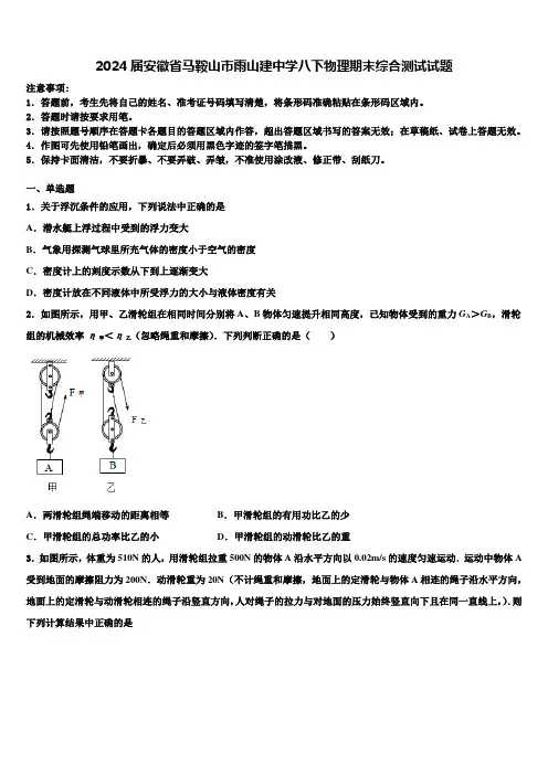 2024届安徽省马鞍山市雨山建中学八下物理期末综合测试试题及答案解析