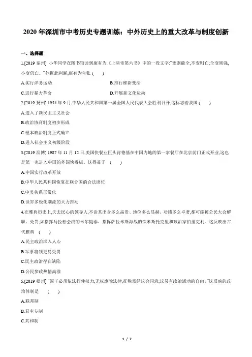 2020年深圳市中考历史专题训练：中外历史上的重大改革与制度创新(含答案)