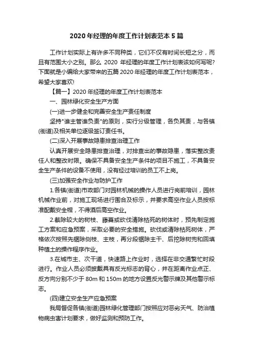 2020年经理的年度工作计划表范本5篇