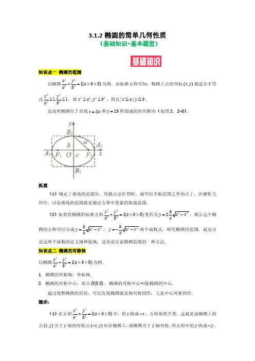 312 椭圆的简单几何性质(基础知识+基本题型)(含解析)2022高二数学(选择性必修第一册)