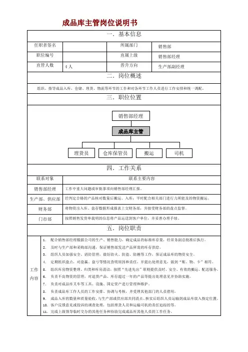 成品库主管岗位说明书