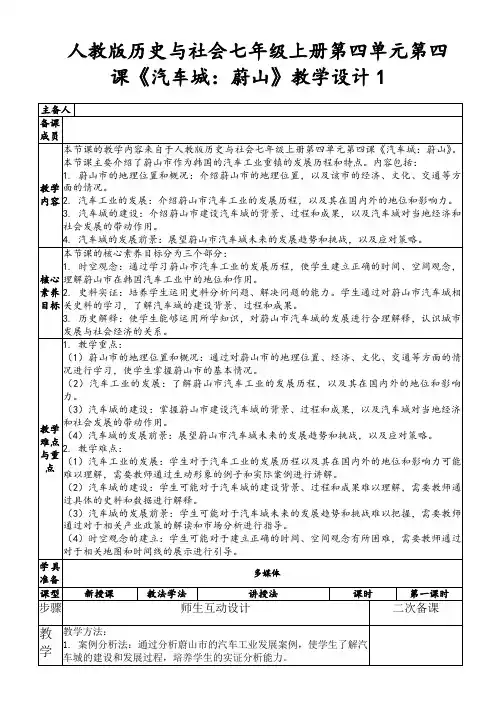 人教版历史与社会七年级上册第四单元第四课《汽车城：蔚山》教学设计1