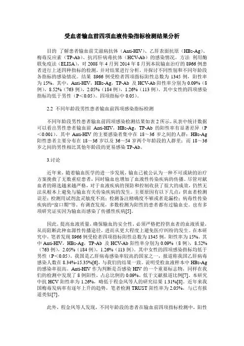 受血者输血前四项血液传染指标检测结果分析