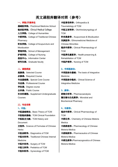 英文课程库翻译对照(参考)一、学院开课单位基础医学院PreclinicalM