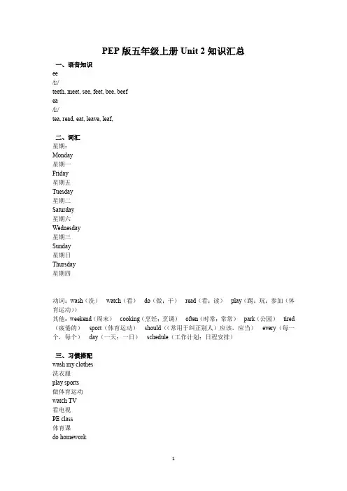 PEP版五年级上册Unit 2知识汇总