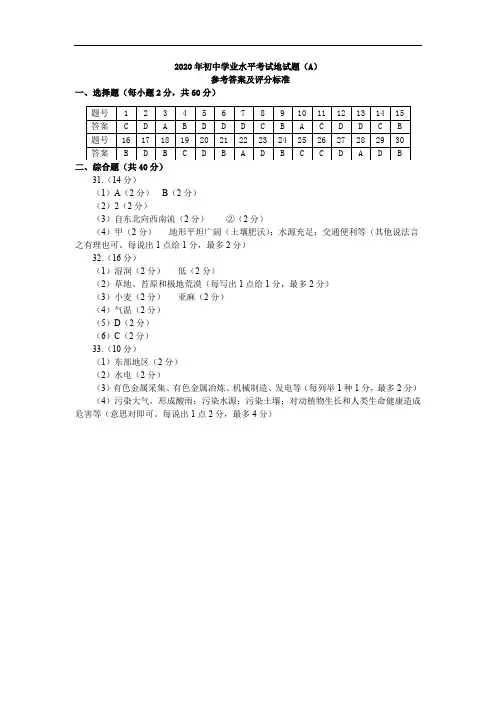 2020年初中学业水平考试地试题(A)参考答案