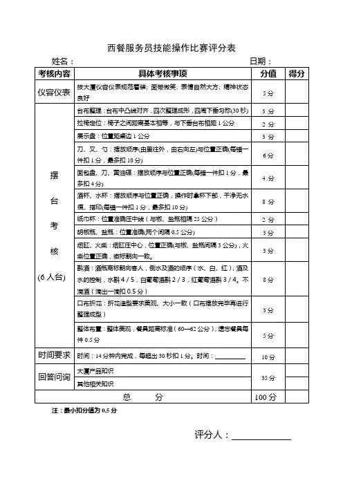 西餐服务员技能操作比赛评分表