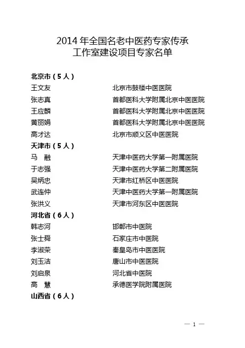 附1 2014年全国名老中医药专家传承工作室建设项目名单