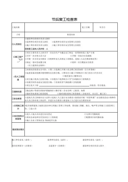 节后复工检查表