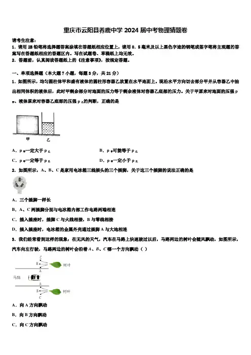 重庆市云阳县养鹿中学2024届中考物理猜题卷含解析