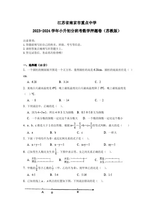 江苏省南京市重点中学2023-2024学年小升初分班考数学押题卷(苏教版含答案)