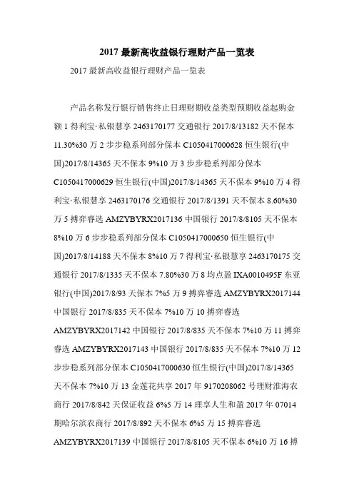 2017最新高收益银行理财产品一览表