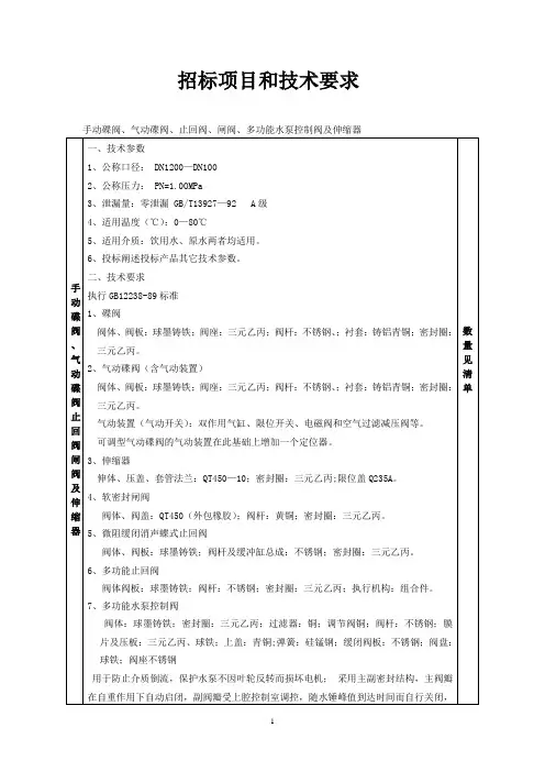 蝶阀、止回阀、软密封闸阀、多功能水泵控制阀技术要求