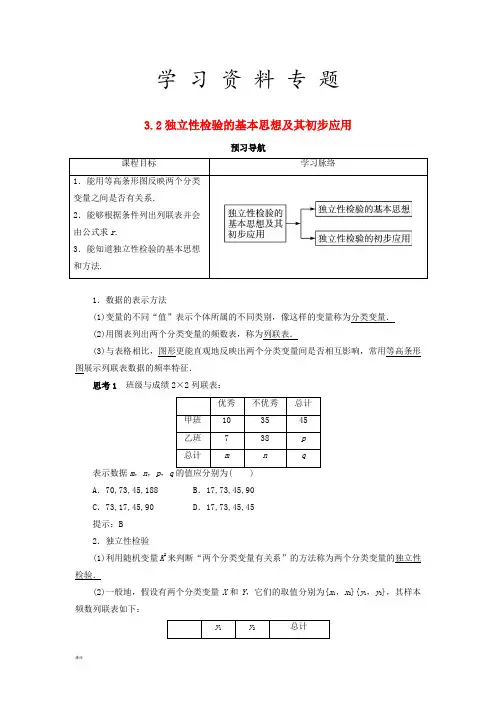 高中数学第三章统计案例3.2独立性检验的基本思想及其初步应用预习导航学案新人教A版