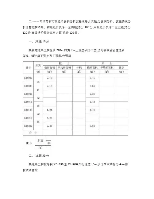 2011江苏造价员考试市政试题加答案及评分标准.