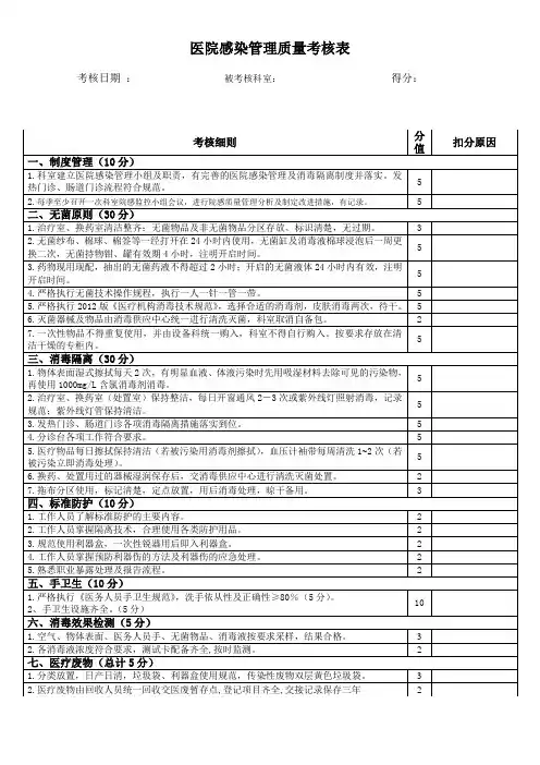 医院感染管理质量考核表