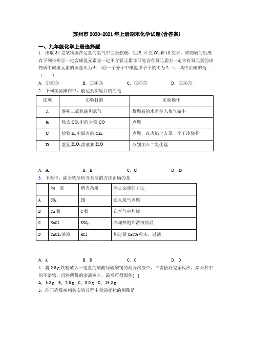 苏州市2020-2021年初三化学上册期末化学试题(含答案)