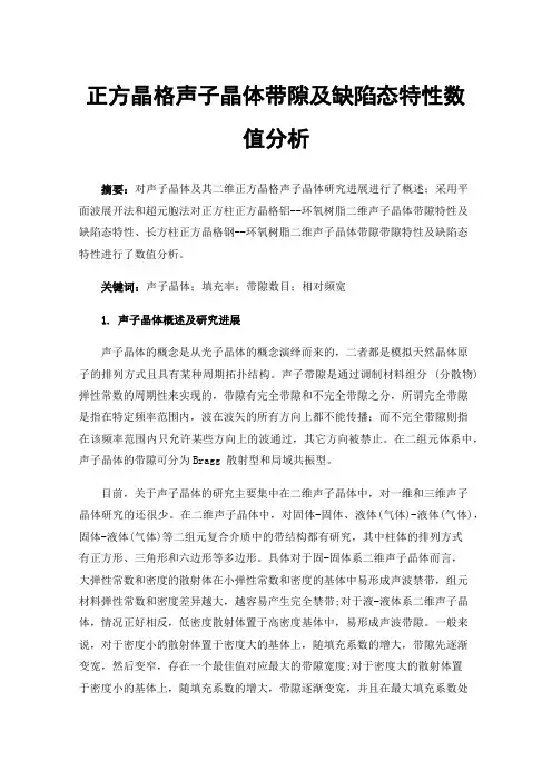 正方晶格声子晶体带隙及缺陷态特性数值分析