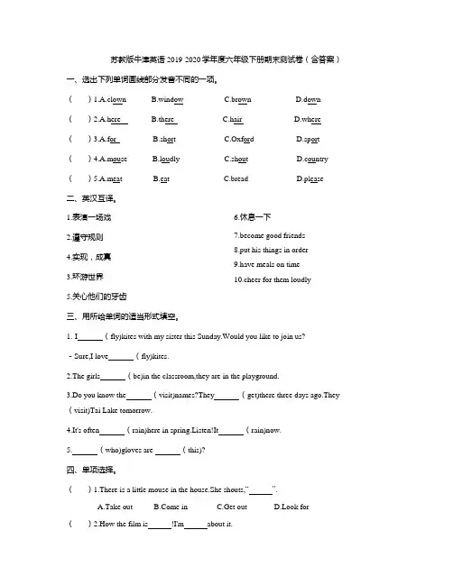 六年级下册英语试题-期末测试卷(含答案)  译林版