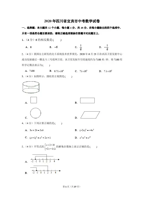 2020年宜宾市中考数学试卷含解析