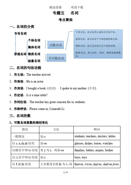 高三一轮复习专题五 名词 考点聚焦法讲解与练习