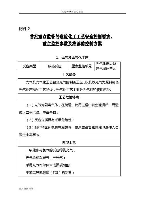 首批重点监管的危险化工工艺设计安全控制要求、重点监控参数及推荐的控制方案的报告