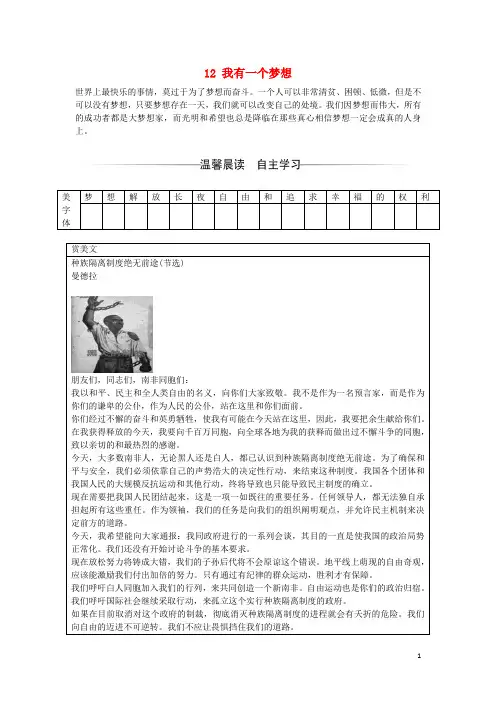 高中语文第四单元12我有一个梦想习题新人教版必修2
