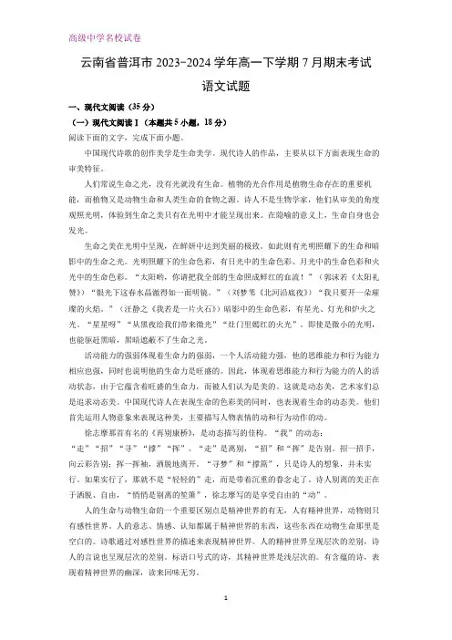 云南省普洱市2023-2024学年高一下学期7月期末考试语文试题(解析版)