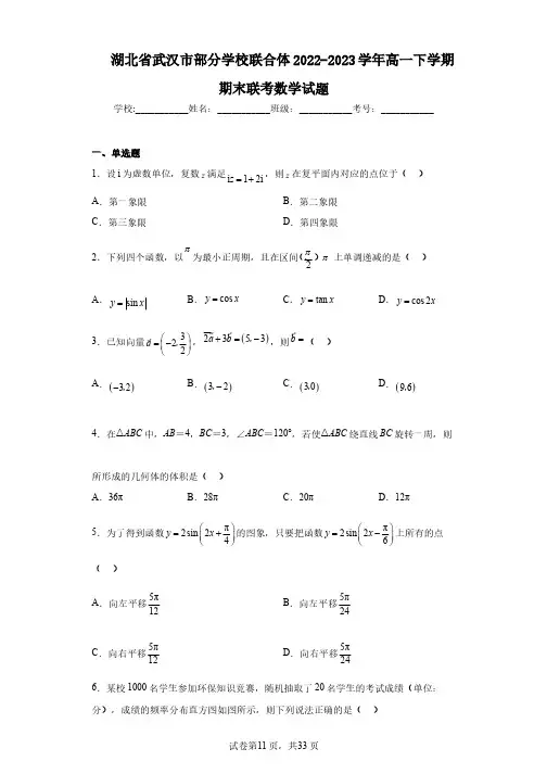 湖北省武汉市部分学校联合体2022-2023学年高一下学期期末联考数学试题