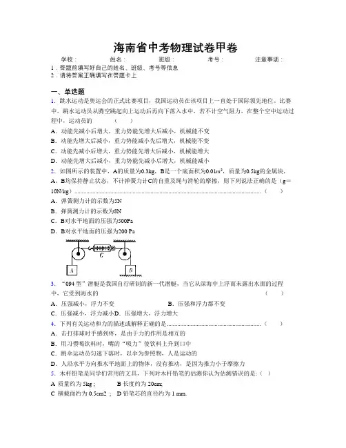 精编海南省中考物理试卷甲卷附解析