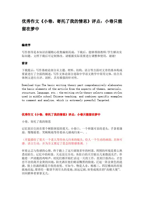 优秀作文《小巷,寄托了我的情思》评点：小巷只能留在梦中