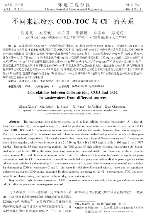 不同来源废水COD、TOC与Cl-的关系