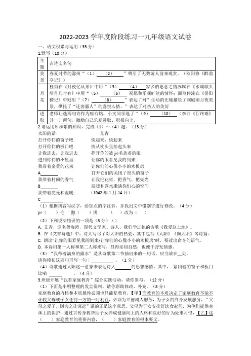 安徽省合肥市庐江县2022-2023学年九年级上学期阶段测试语文试题(含答案)