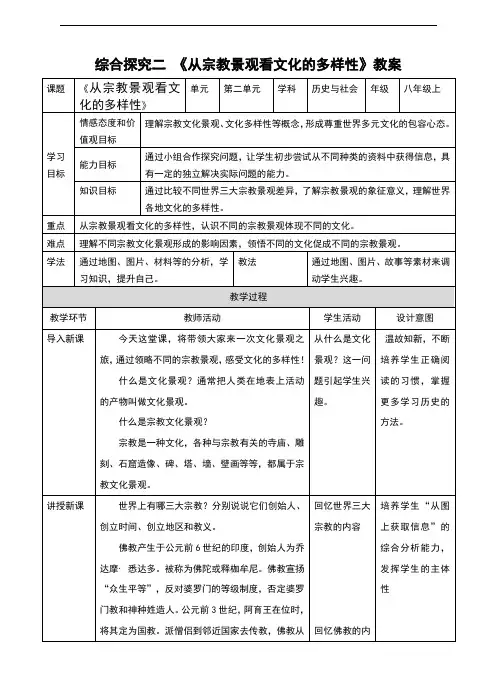 人教版八年级《历史与社会》上册综合探究二《从宗教景观看文化的多样性》优质教案
