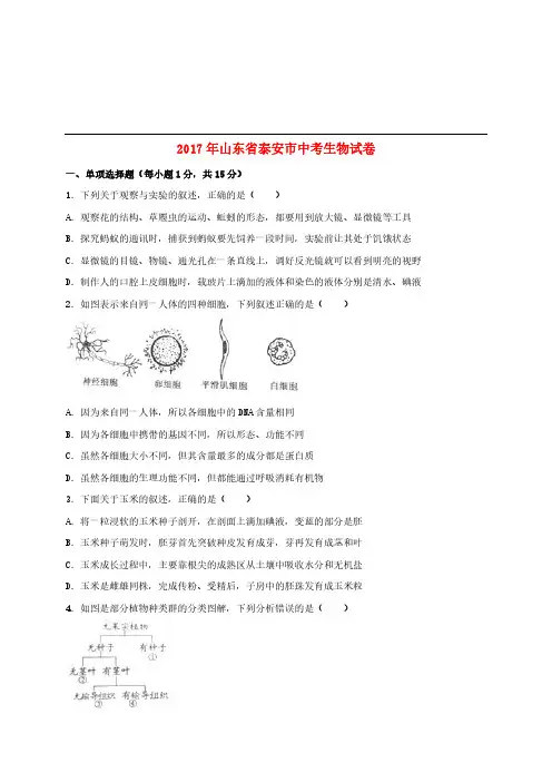 山东省泰安市2017年中考生物真题试题(含解析)[精品]