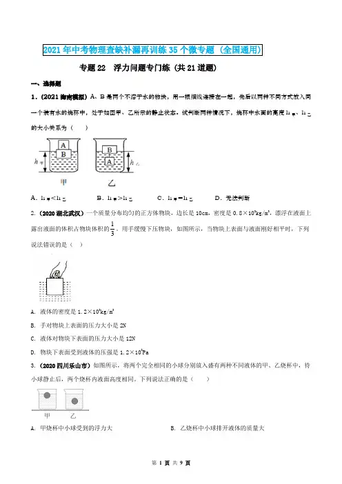 2021年中考物理专题22  浮力问题专门练(原卷版)