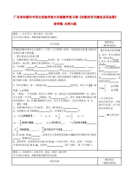 九年级数学复习课《实数的有关概念及其运算》讲学稿 北师大版