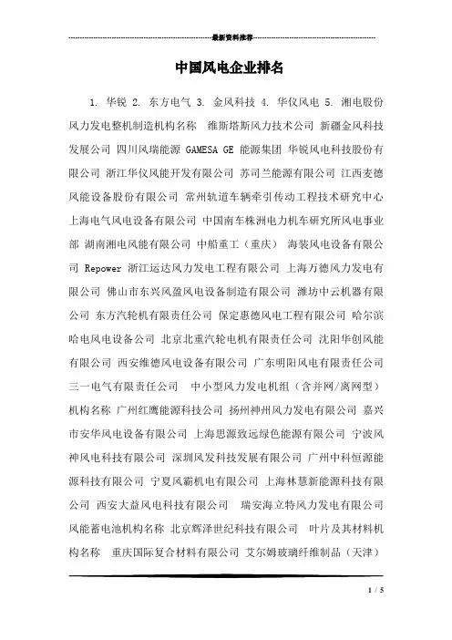中国风电企业排名