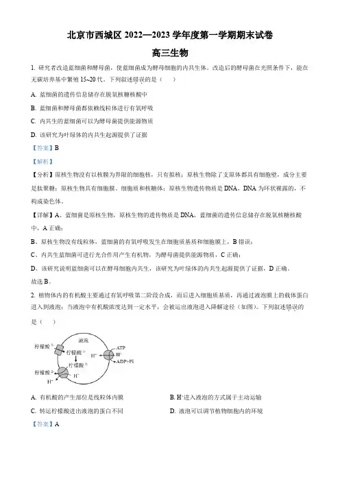 北京市西城区2022-2023学年高三上学期期末生物试题 附解析