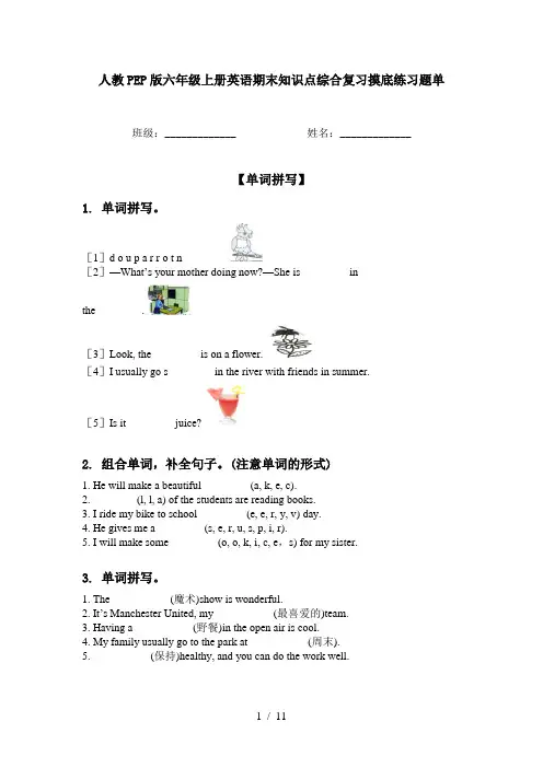 人教PEP版六年级上册英语期末知识点综合复习摸底练习题单